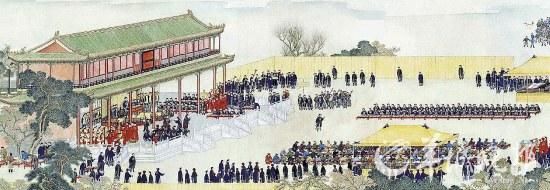 乾隆廿六年正月，乾隆帝在紫光阁设平定准部、回部庆功宴。姚文翰的《紫光阁赐宴图》描绘了宴庆的宏大场面（局部）